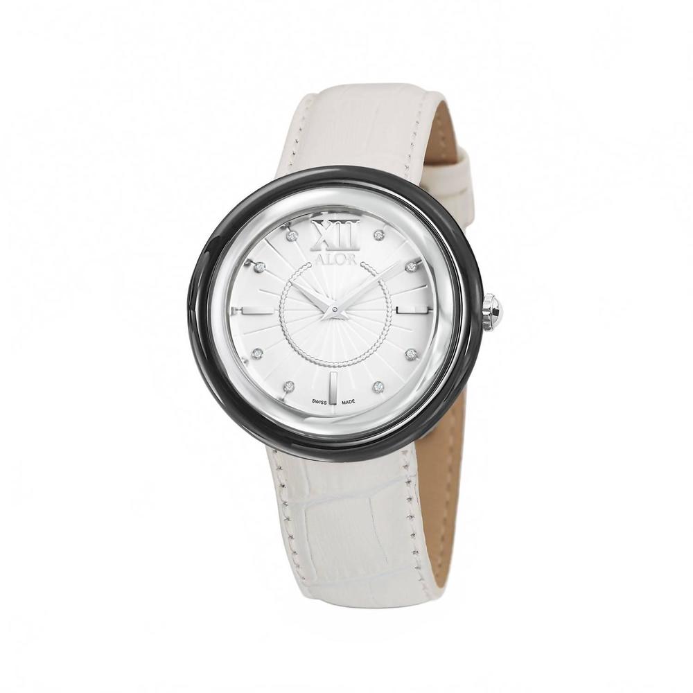 NEW ALOR 0.04 cts leather strap diamond watch in white